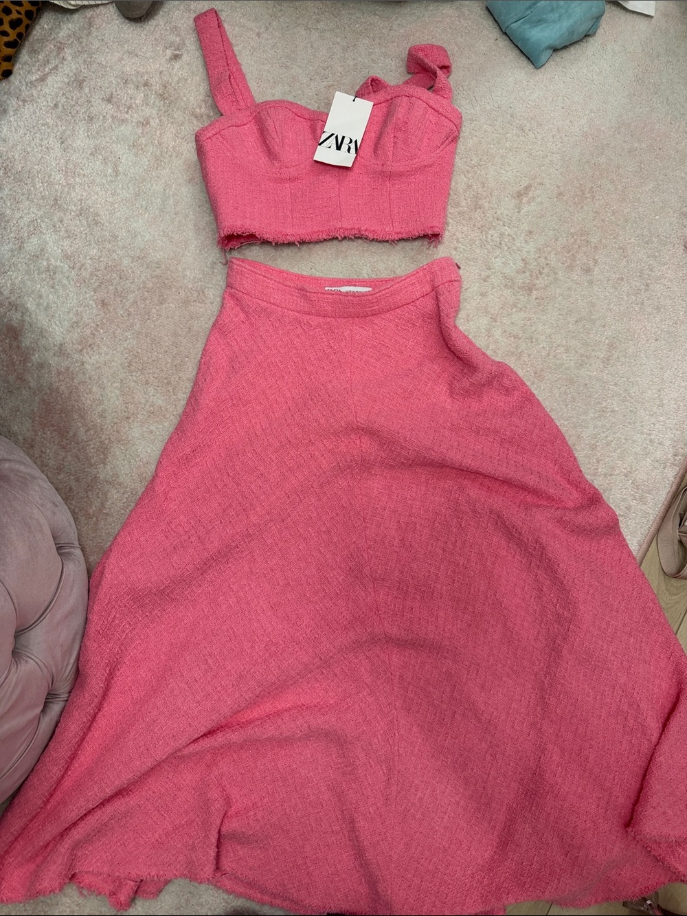 Zara Hot Pink Textured Bustier Top and Matching Skirt Set